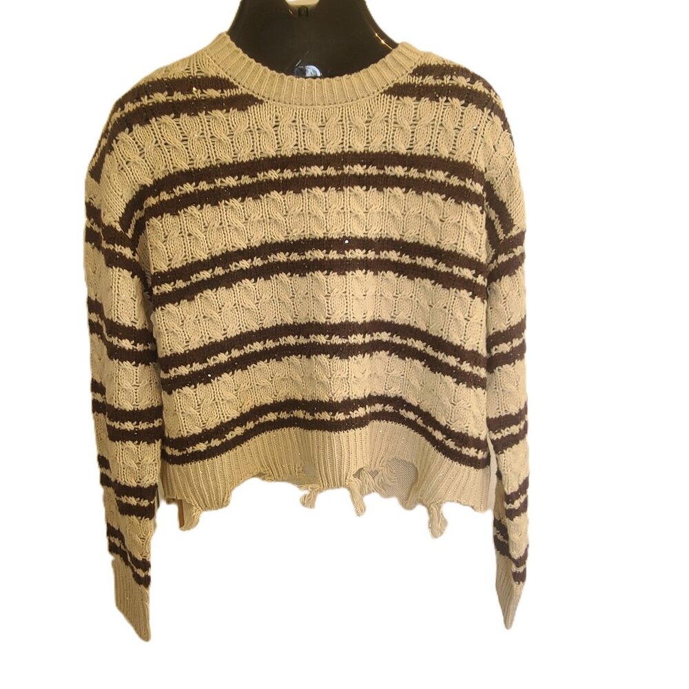 NWT HOOKED UP Crewneck Stripe Sequin Cable Knit Tassel Casual Sweater Size Large